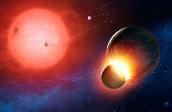 艺术概念图，展现了环绕一颗濒死恒星运行的行星偏离轨道发生相撞的景象